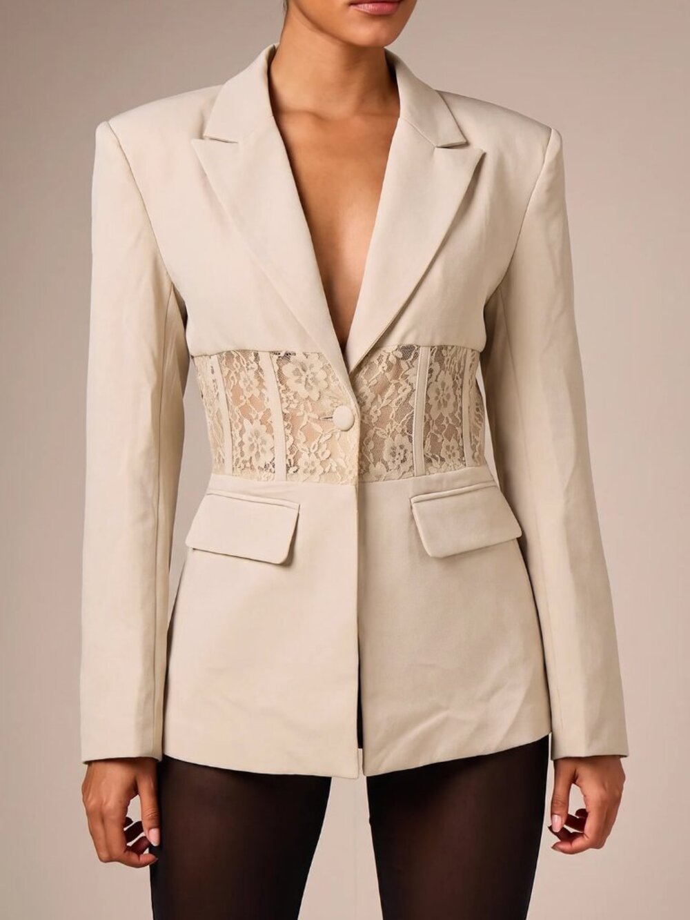Cream Elegant Women's Lace Corset Panel Blazer Jacket With Deep V Neck